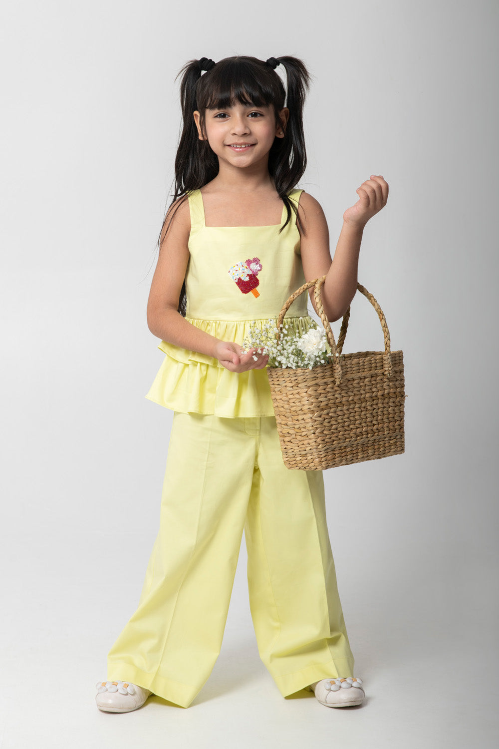 Ice-Cream Embroidered Top With Frill Detailing And Same Pants