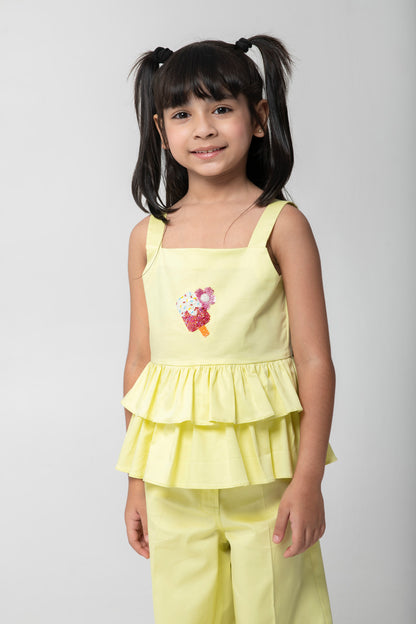 Ice-Cream Embroidered Top With Frill Detailing And Same Pants