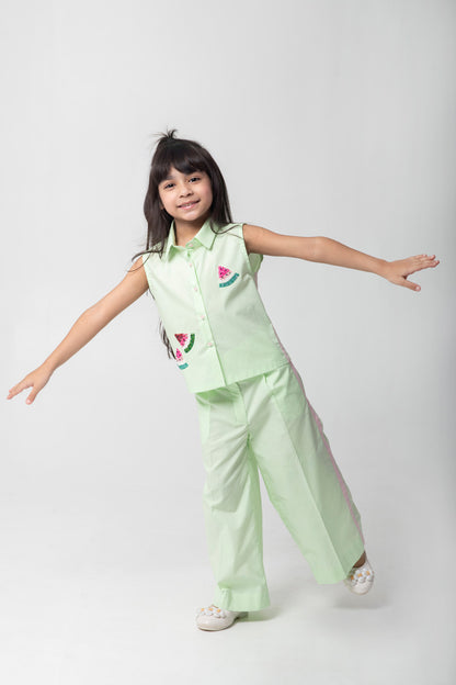 Mint Green Shirt & Trouser Co-Ord Set With Watermelon Embroidery