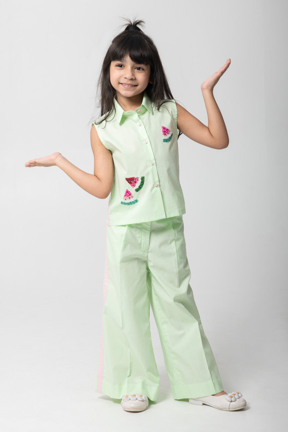 Mint Green Shirt & Trouser Co-Ord Set With Watermelon Embroidery