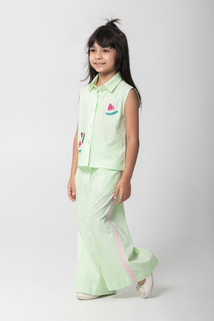 Mint Green Shirt & Trouser Co-Ord Set With Watermelon Embroidery