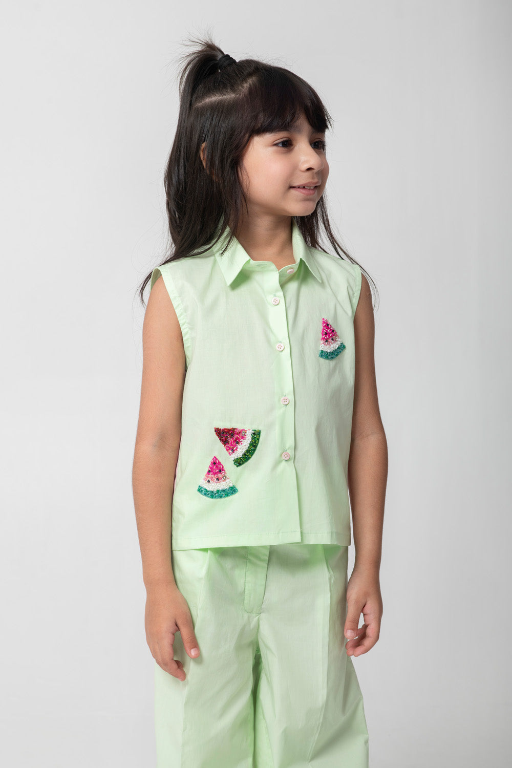 Mint Green Shirt & Trouser Co-Ord Set With Watermelon Embroidery
