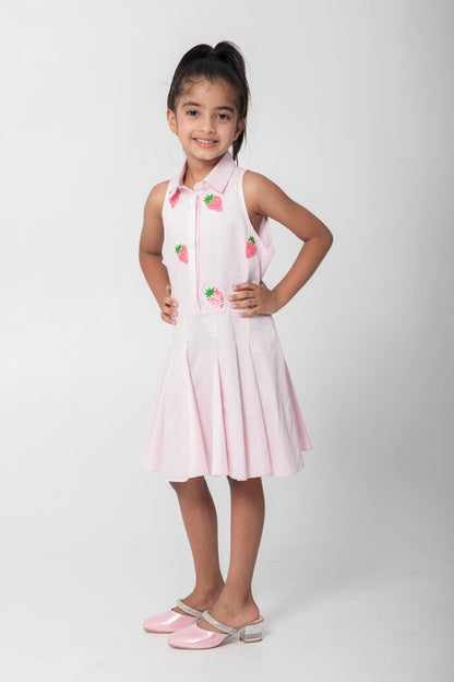 Strawberry Embroidered Pastel Pink Flared Dresses