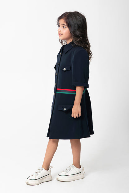 Navy Formal Dresses With Tape Detailing And Metal Buttons