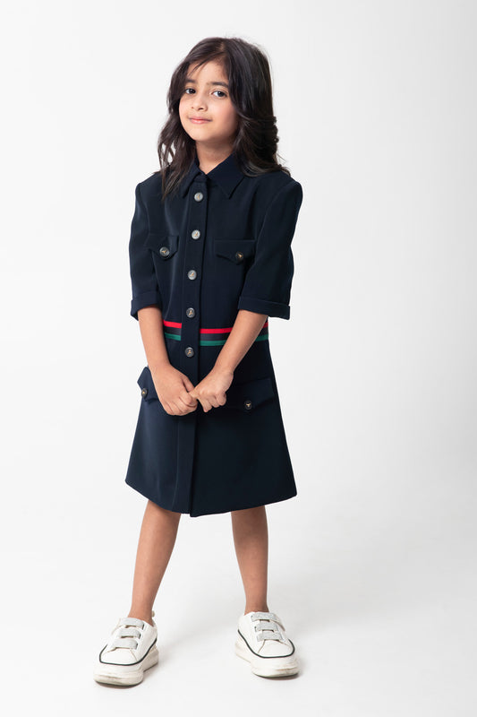 Navy Formal Dresses With Tape Detailing And Metal Buttons