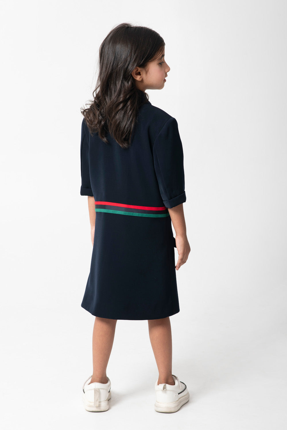 Navy Formal Dresses With Tape Detailing And Metal Buttons