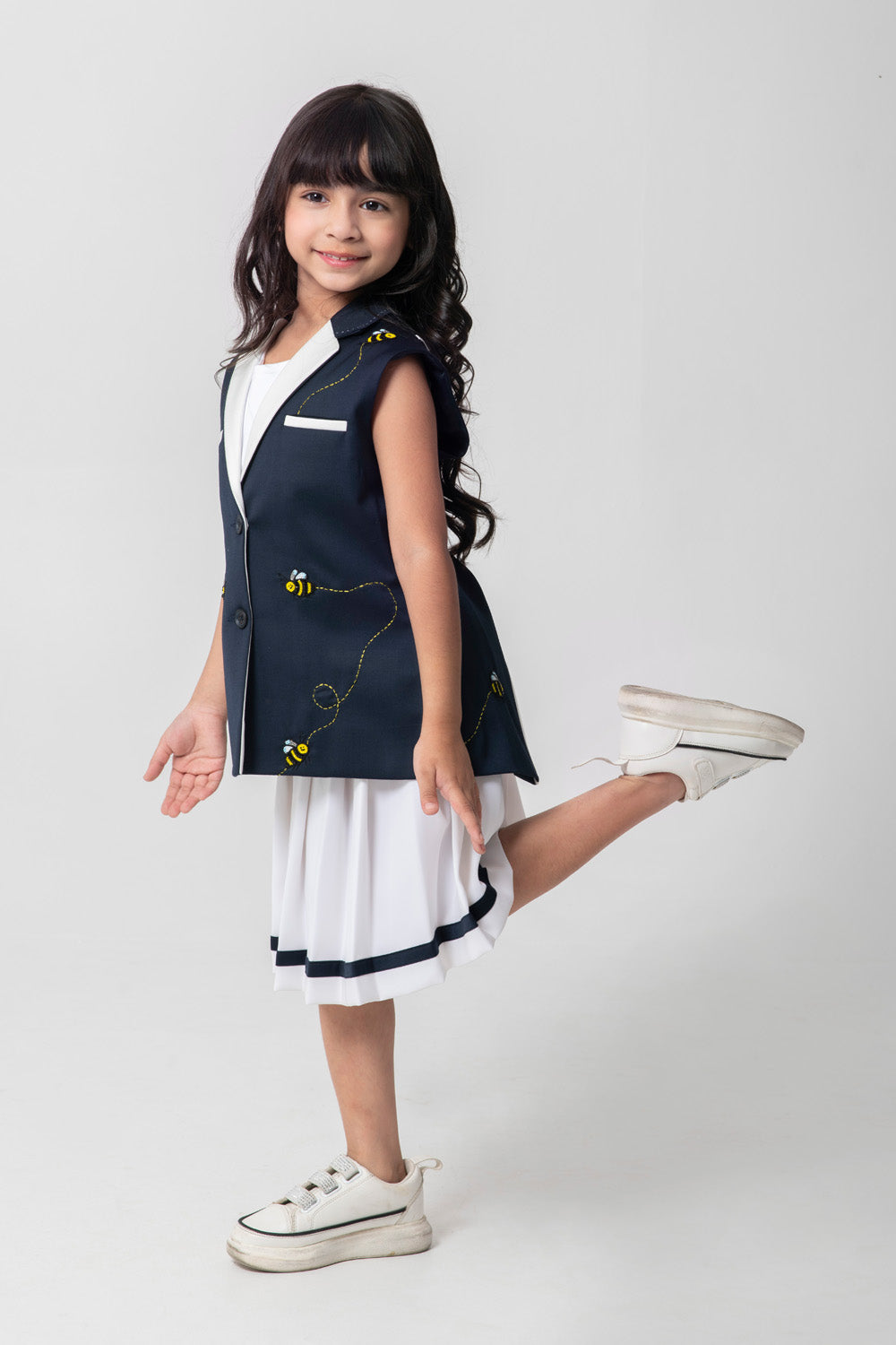 Bee Embroidered Blazer With Back Detailing And Pleated Skirt Dresses