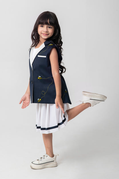 Bee Embroidered Blazer With Back Detailing And Pleated Skirt Dresses