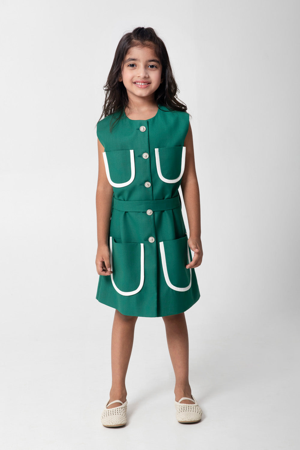 Bold Emrald Green Dress With White Pocket Detailing, Embellished Buttons And A Belt