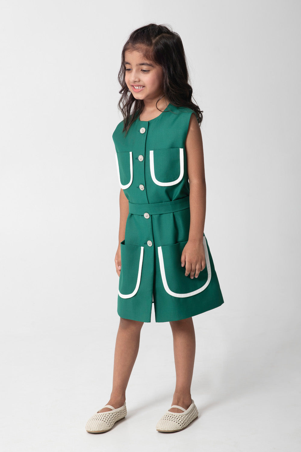 Bold Emrald Green Dress With White Pocket Detailing, Embellished Buttons And A Belt