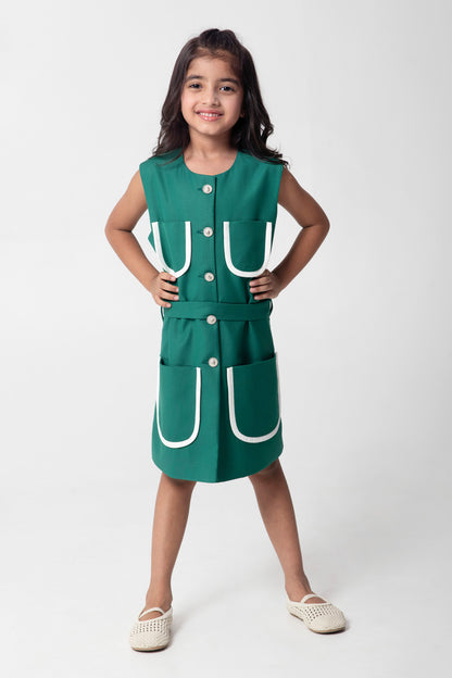 Bold Emrald Green Dress With White Pocket Detailing, Embellished Buttons And A Belt