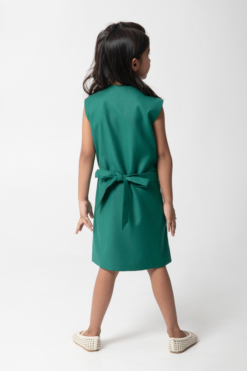 Bold Emrald Green Dress With White Pocket Detailing, Embellished Buttons And A Belt
