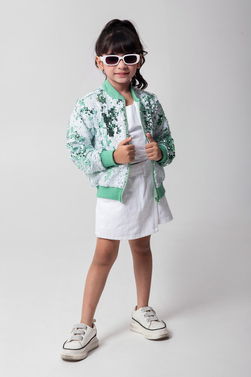 Mint And White Sequenced Bomber Jacket