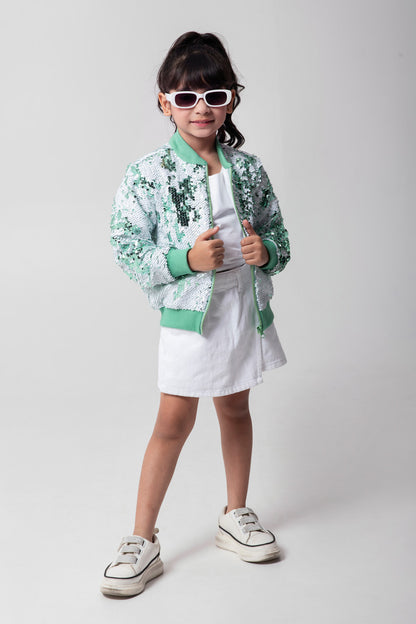 Mint And White Sequenced Bomber Jacket