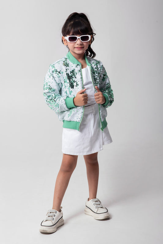 Mint And White Sequenced Bomber Jacket