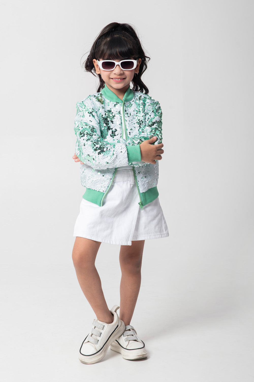 Mint And White Sequenced Bomber Jacket
