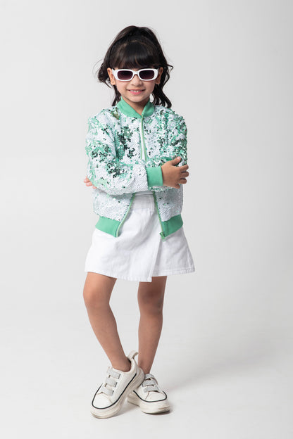 Mint And White Sequenced Bomber Jacket