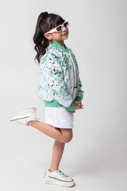 Mint And White Sequenced Bomber Jacket