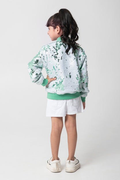 Mint And White Sequenced Bomber Jacket