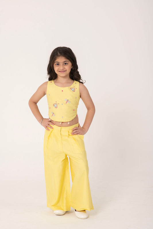 YELLOW  COORD SET WITH CUTE INSECT EMBROIDERY