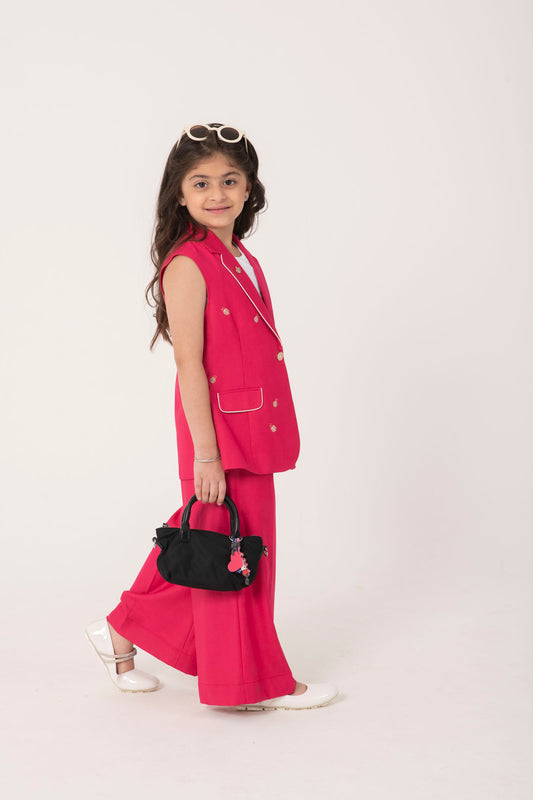 BRIGHT PINK BLAZER SET WITH LADYBUG EMBELLISHMENT AND TAILORED PANTS