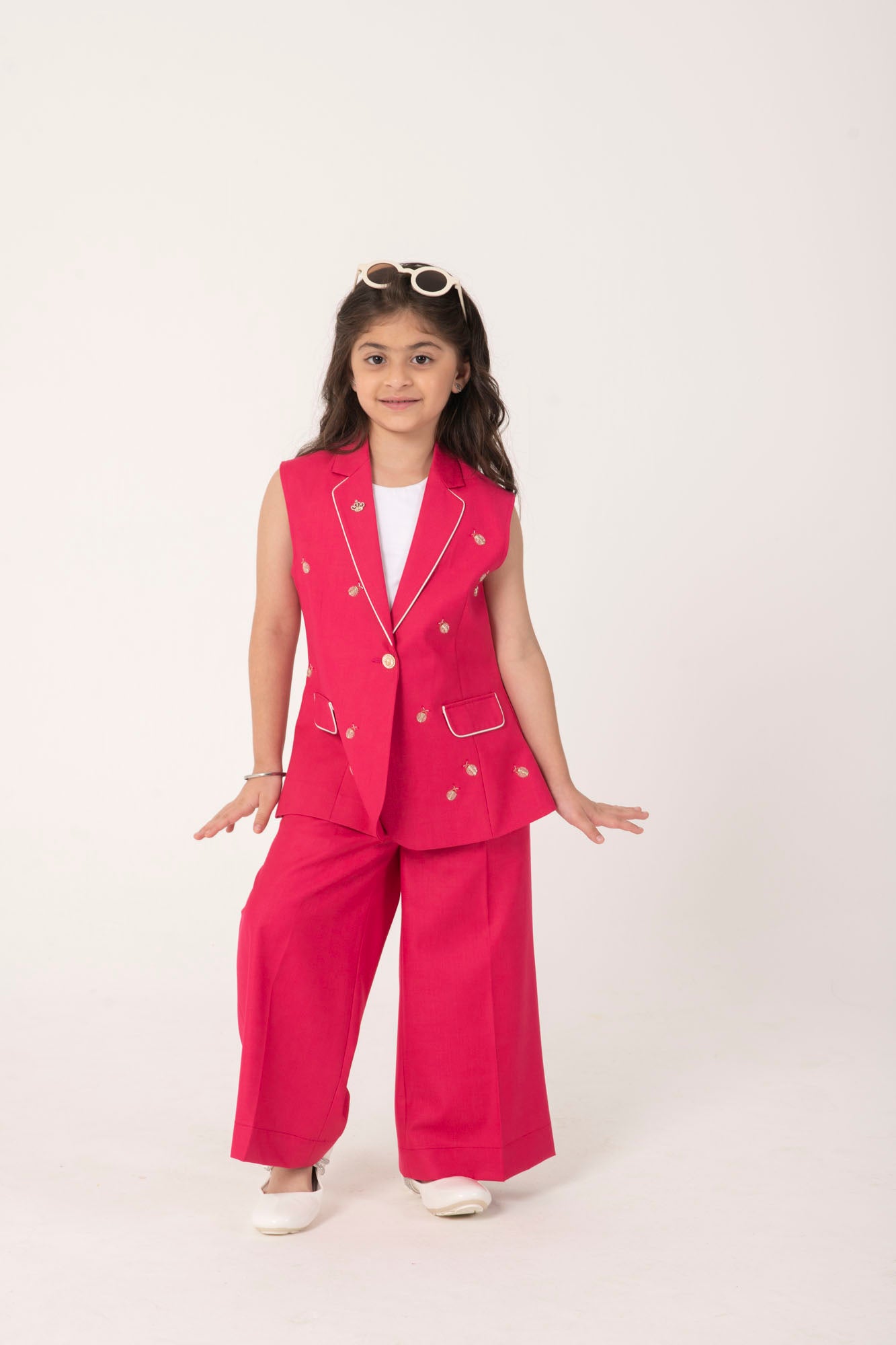 BRIGHT PINK BLAZER SET WITH LADYBUG EMBELLISHMENT AND TAILORED PANTS