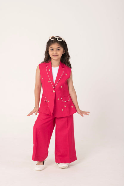 BRIGHT PINK BLAZER SET WITH LADYBUG EMBELLISHMENT AND TAILORED PANTS