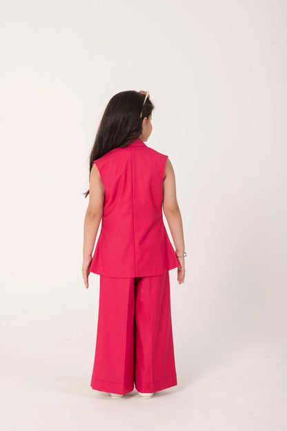 BRIGHT PINK BLAZER SET WITH LADYBUG EMBELLISHMENT AND TAILORED PANTS