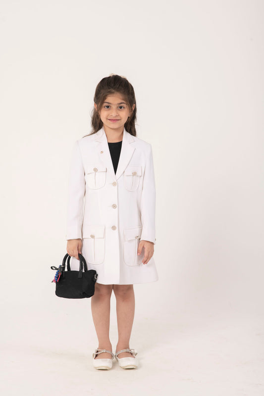 WHITE FORMAL BLAZER DRESS WITH EMBELLISHED BUTTONS