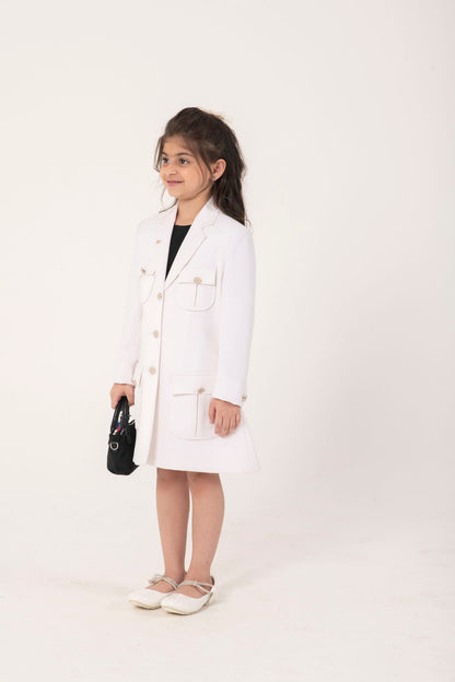 WHITE FORMAL BLAZER DRESS WITH EMBELLISHED BUTTONS