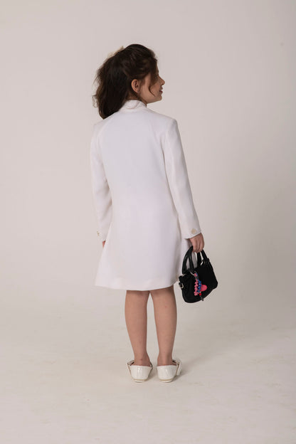 WHITE FORMAL BLAZER DRESS WITH EMBELLISHED BUTTONS