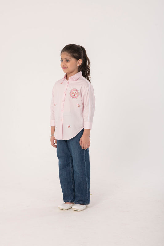 PINK SHIRT WITH BADGE MOTIF EMBROIDERY
