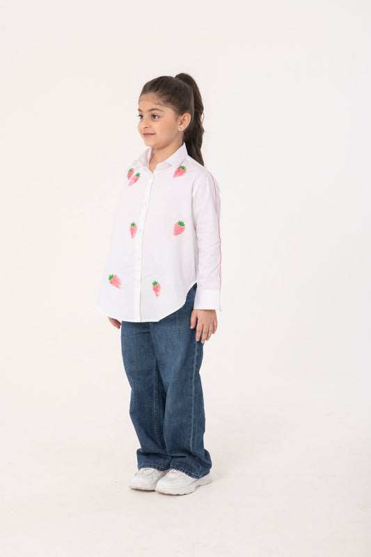 STRAWBERRY EMBROIDERED SHIRT DRESS