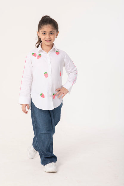STRAWBERRY EMBROIDERED SHIRT DRESS