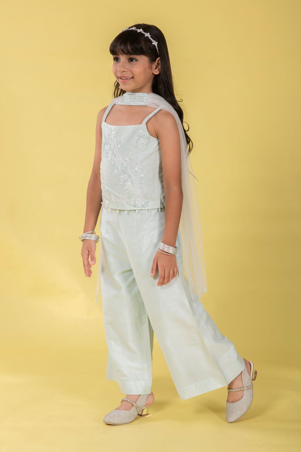 SEA BLUE STRAPPY TOP WITH PALAZZOS AND NET DUPATTA EMBELLISHED WITH FAIRY EMBROIDERY