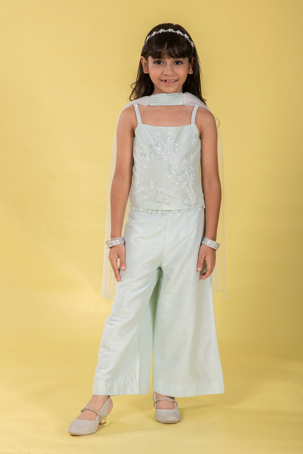 SEA BLUE STRAPPY TOP WITH PALAZZOS AND NET DUPATTA EMBELLISHED WITH FAIRY EMBROIDERY