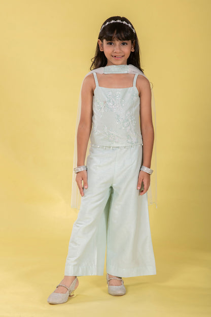 SEA BLUE STRAPPY TOP WITH PALAZZOS AND NET DUPATTA EMBELLISHED WITH FAIRY EMBROIDERY