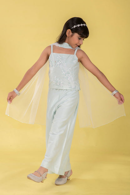 SEA BLUE STRAPPY TOP WITH PALAZZOS AND NET DUPATTA EMBELLISHED WITH FAIRY EMBROIDERY
