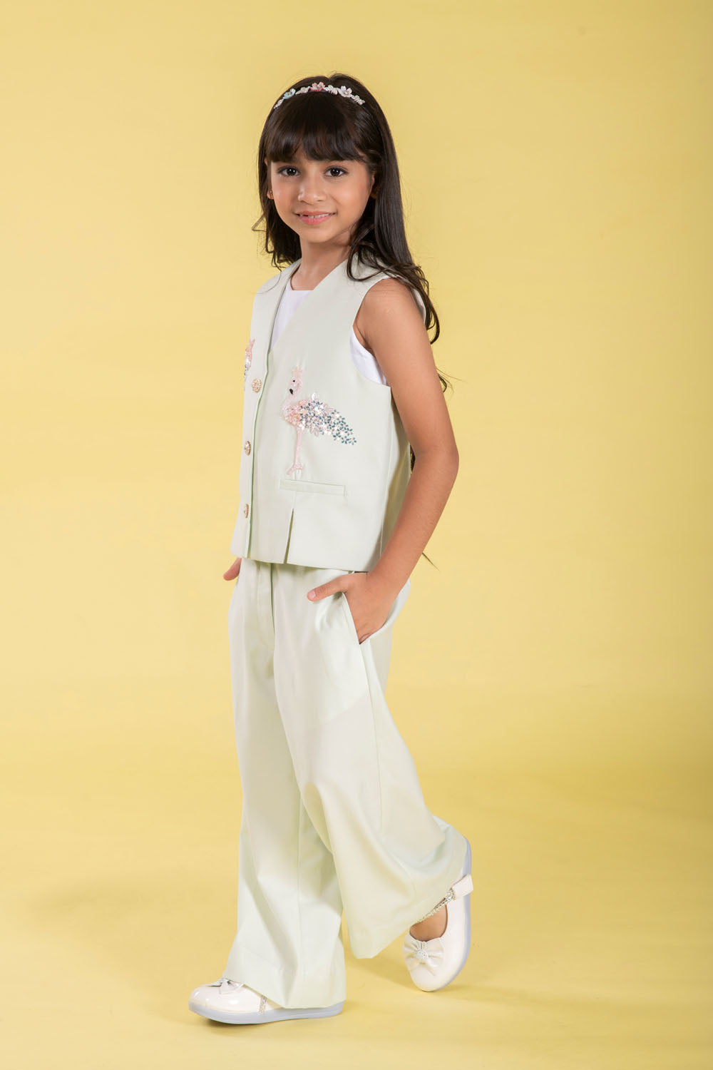 MINT FLAMINGO EMBROIDERED WAIST COAT WITH MATCHING PANTS.