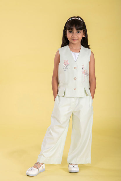MINT FLAMINGO EMBROIDERED WAIST COAT WITH MATCHING PANTS.