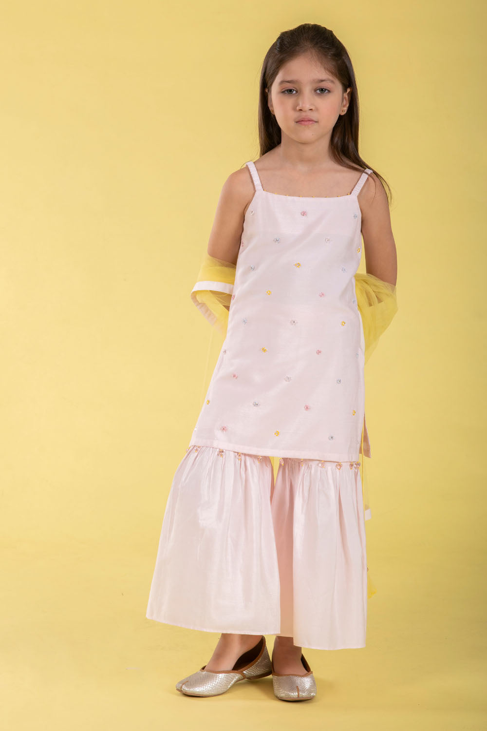 PINK BOOTI STRAPPY SUIT WITH YELLOW DUPATTA.