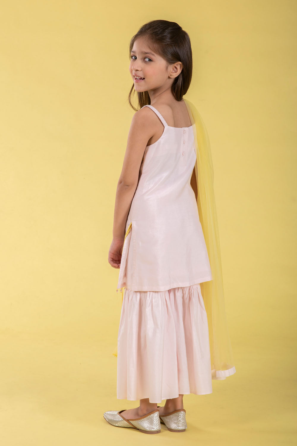 PINK BOOTI STRAPPY SUIT WITH YELLOW DUPATTA.