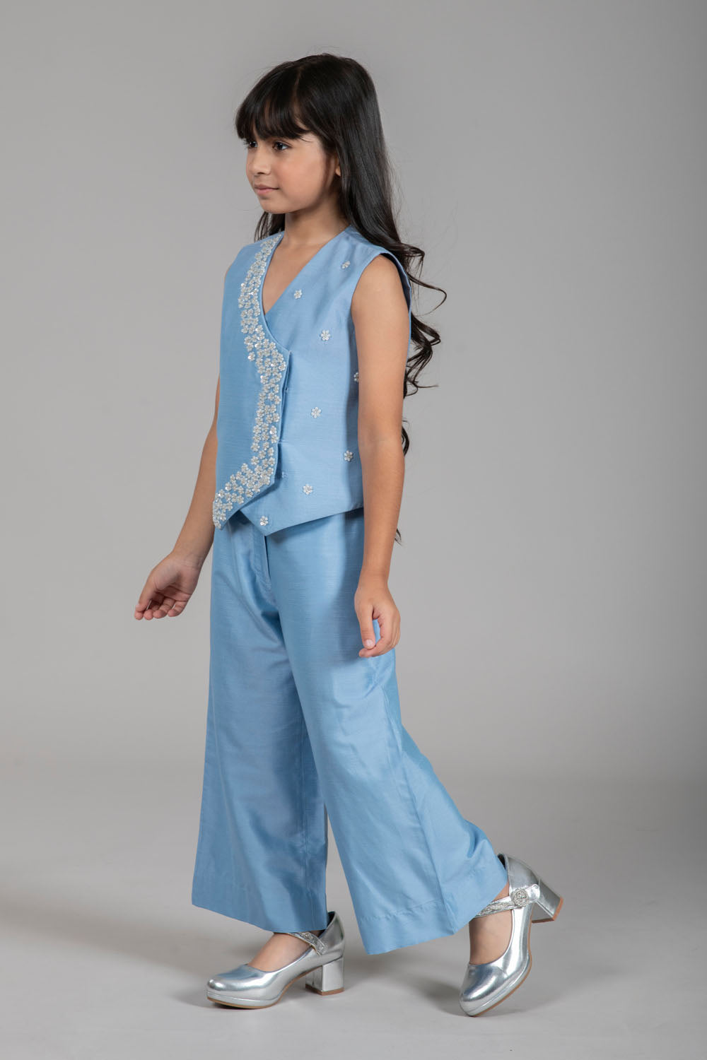 DENIM BLUE EMBROIDERED WAISTCOAT WITH WIDE LEG PANTS