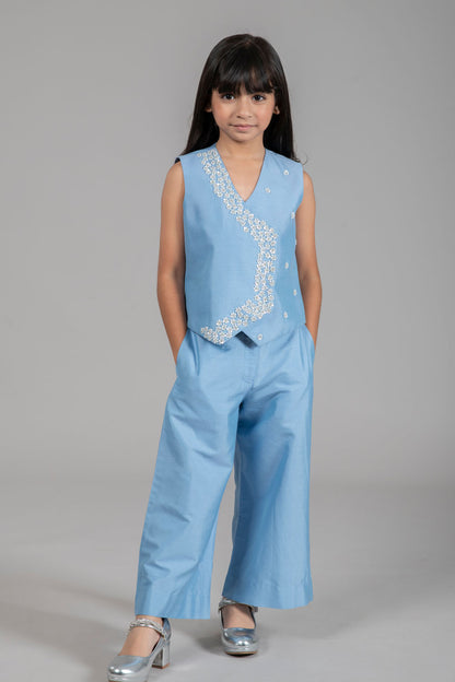 DENIM BLUE EMBROIDERED WAISTCOAT WITH WIDE LEG PANTS