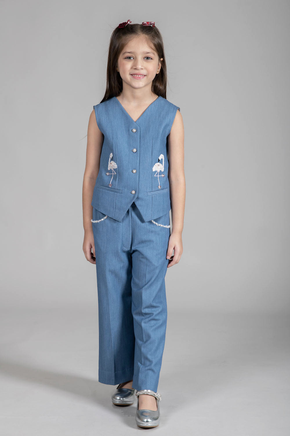 DENIM WAISTCOAT WITH  PLAYFULL EMBROIDERY OF SWAN MOTIFS & WIDE-LEG PANTS