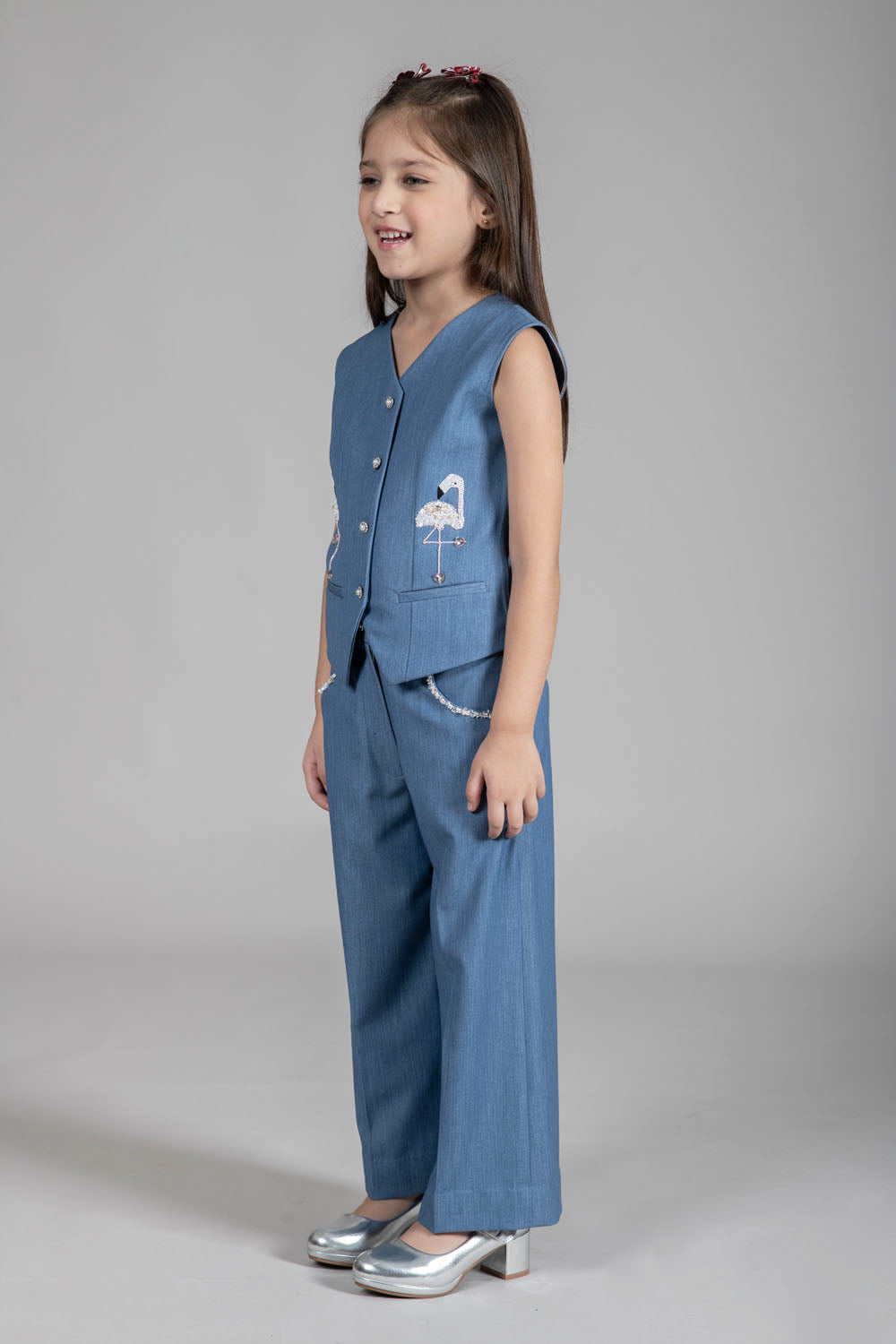 DENIM WAISTCOAT WITH  PLAYFULL EMBROIDERY OF SWAN MOTIFS & WIDE-LEG PANTS