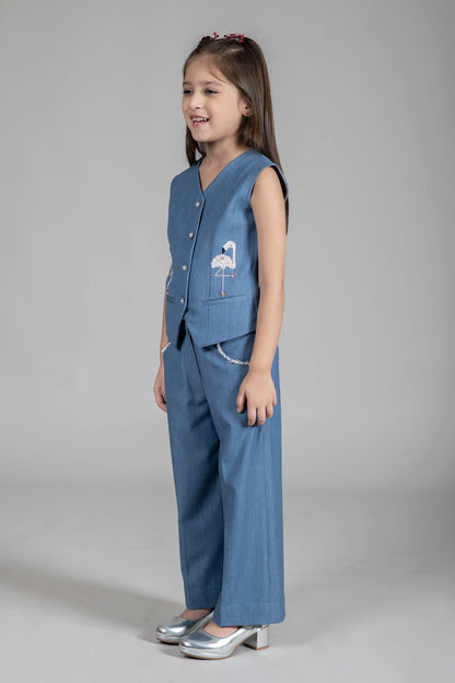 DENIM WAISTCOAT WITH  PLAYFULL EMBROIDERY OF SWAN MOTIFS & WIDE-LEG PANTS