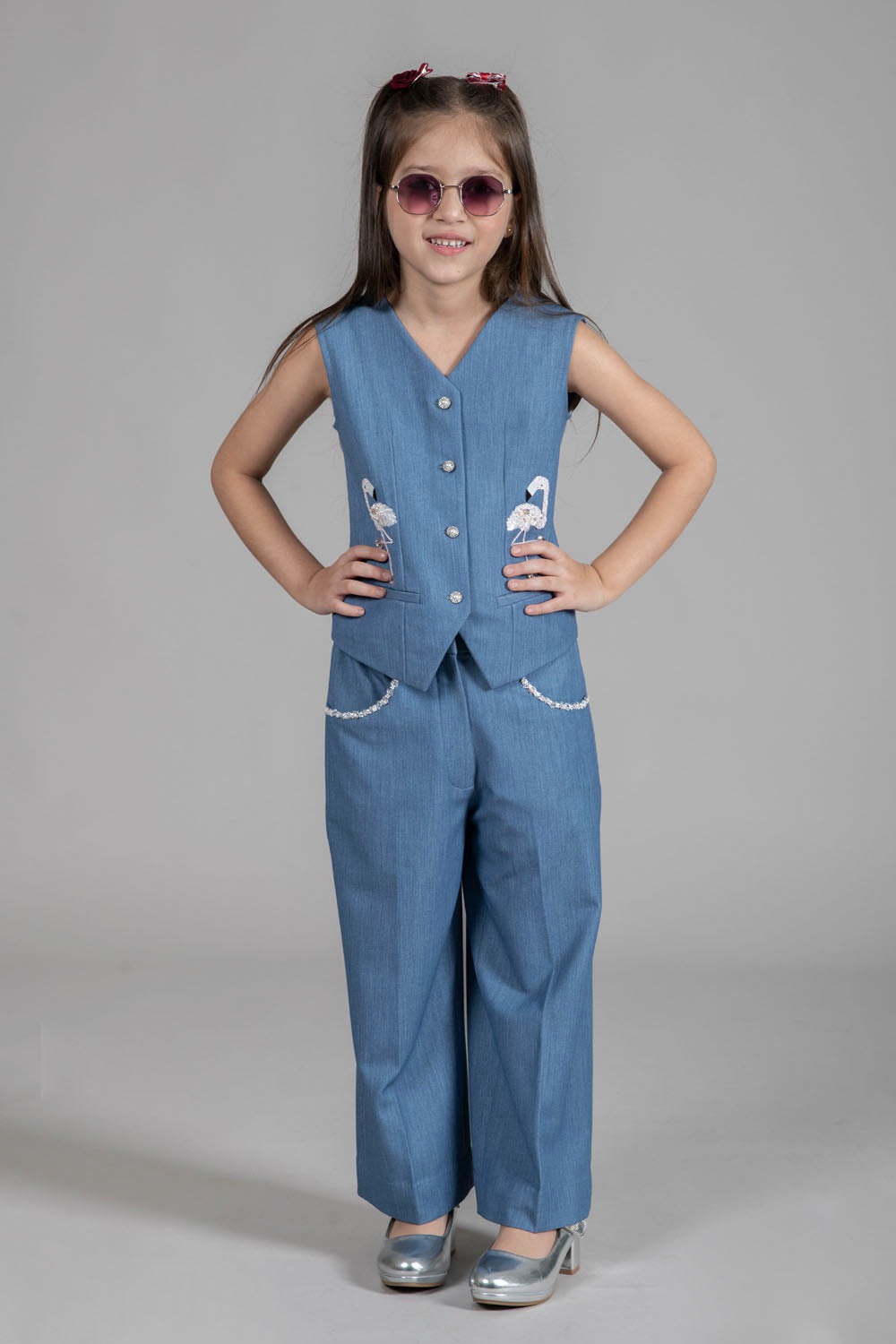 DENIM WAISTCOAT WITH  PLAYFULL EMBROIDERY OF SWAN MOTIFS & WIDE-LEG PANTS