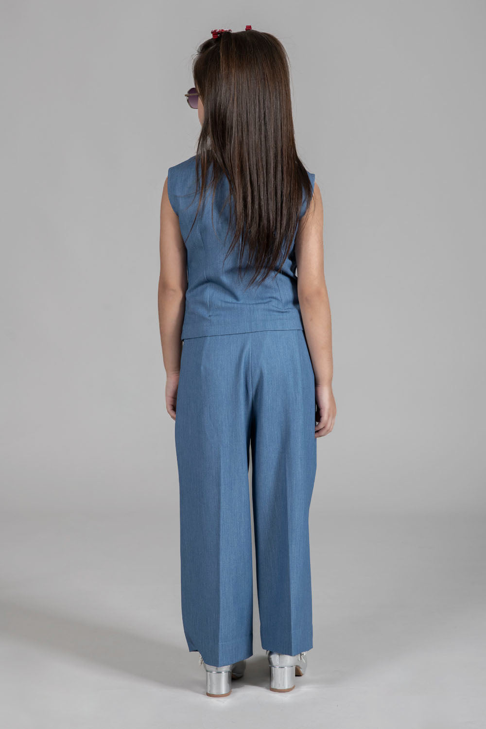 DENIM WAISTCOAT WITH  PLAYFULL EMBROIDERY OF SWAN MOTIFS & WIDE-LEG PANTS