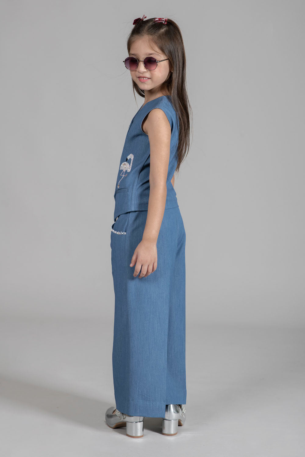 DENIM WAISTCOAT WITH  PLAYFULL EMBROIDERY OF SWAN MOTIFS & WIDE-LEG PANTS